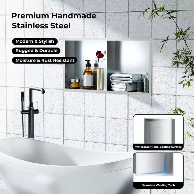 304 Stainless Steel No Tile Shower Niche, Waterproof Recessed Wall Shelf, Brushed Finish, for Bathroom Storage, Multiple Sizes & Compartments