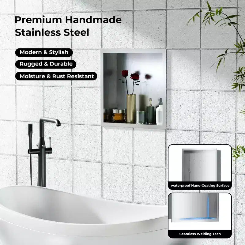 304 Stainless Steel No Tile Shower Niche, Waterproof Recessed Wall Shelf, Brushed Finish, for Bathroom Storage, Multiple Sizes & Compartments