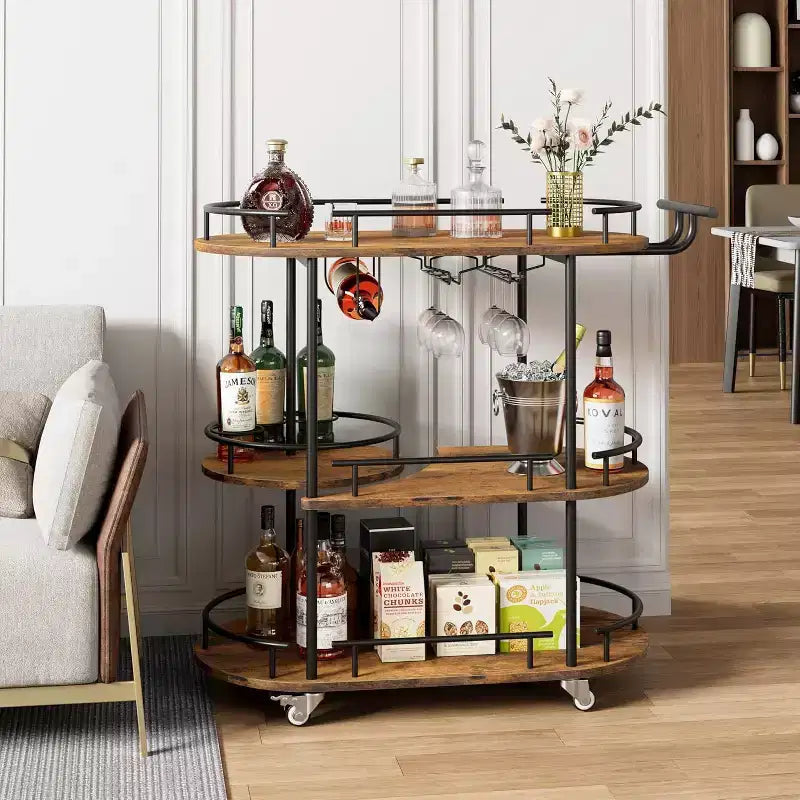 3-Tier Bar Cart on Wheels, Mobile Serving Cart with Wine Rack & Glass Holder, 360 Rotating Design, Lockable Noiseless Casters,34.2w x 15.7d x 37h