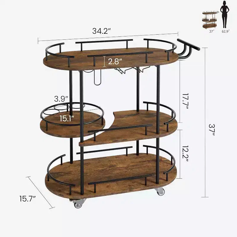 3-Tier Bar Cart on Wheels, Mobile Serving Cart with Wine Rack & Glass Holder, 360 Rotating Design, Lockable Noiseless Casters,34.2w x 15.7d x 37h