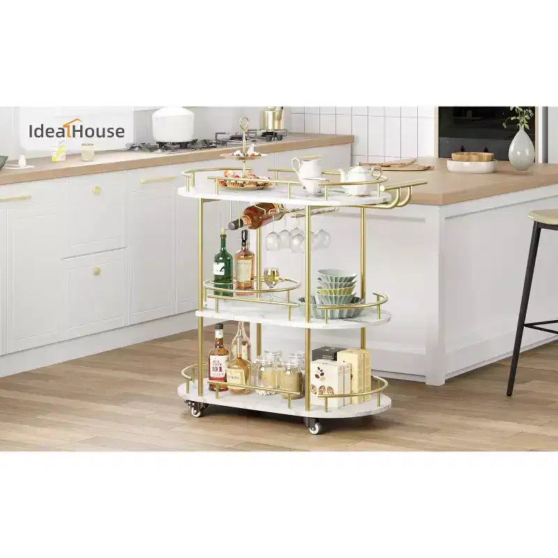 3-Tier Bar Cart on Wheels, Mobile Serving Cart with Wine Rack & Glass Holder, 360 Rotating Design, Lockable Noiseless Casters,34.2w x 15.7d x 37h