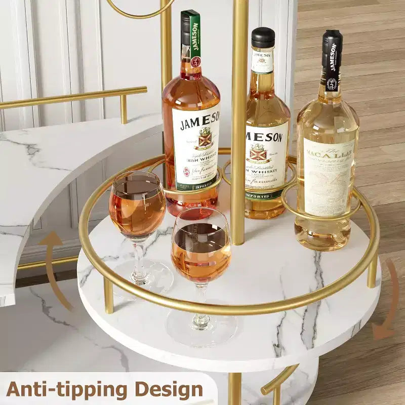 3-Tier Bar Cart on Wheels, Mobile Serving Cart with Wine Rack & Glass Holder, 360 Rotating Design, Lockable Noiseless Casters,34.2w x 15.7d x 37h