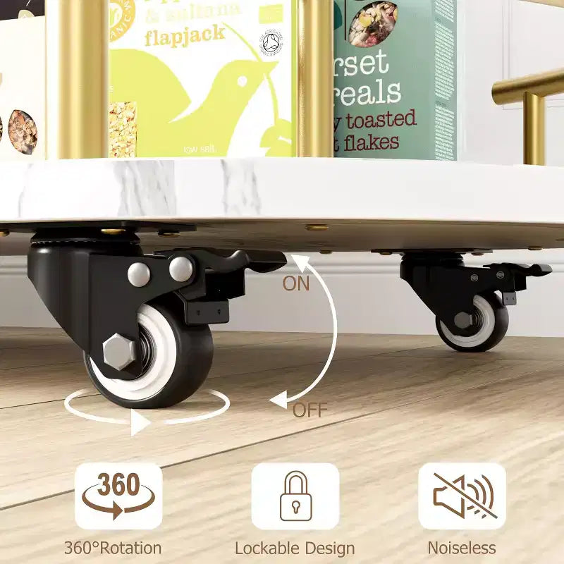 3-Tier Bar Cart on Wheels, Mobile Serving Cart with Wine Rack & Glass Holder, 360 Rotating Design, Lockable Noiseless Casters,34.2w x 15.7d x 37h