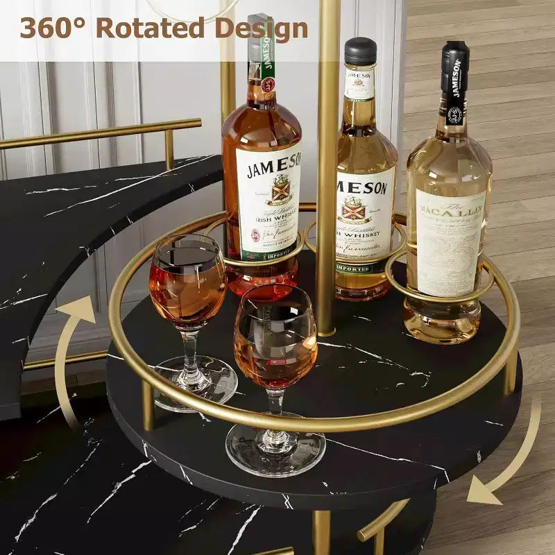 3-Tier Bar Cart on Wheels, Mobile Serving Cart with Wine Rack & Glass Holder, 360 Rotating Design, Lockable Noiseless Casters,34.2w x 15.7d x 37h