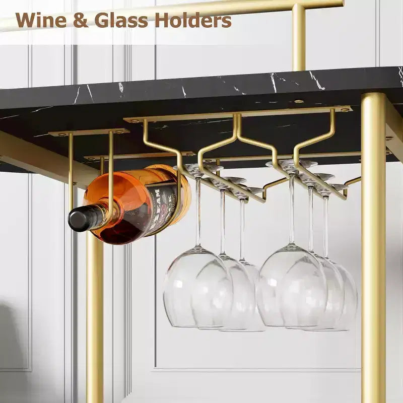3-Tier Bar Cart on Wheels, Mobile Serving Cart with Wine Rack & Glass Holder, 360 Rotating Design, Lockable Noiseless Casters,34.2w x 15.7d x 37h