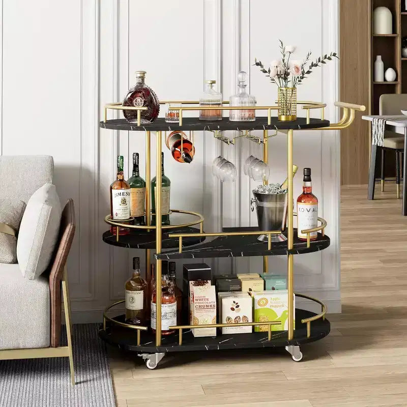 3-Tier Bar Cart on Wheels, Mobile Serving Cart with Wine Rack & Glass Holder, 360 Rotating Design, Lockable Noiseless Casters,34.2w x 15.7d x 37h