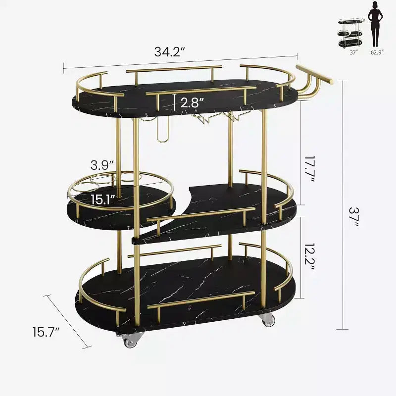 3-Tier Bar Cart on Wheels, Mobile Serving Cart with Wine Rack & Glass Holder, 360 Rotating Design, Lockable Noiseless Casters,34.2w x 15.7d x 37h