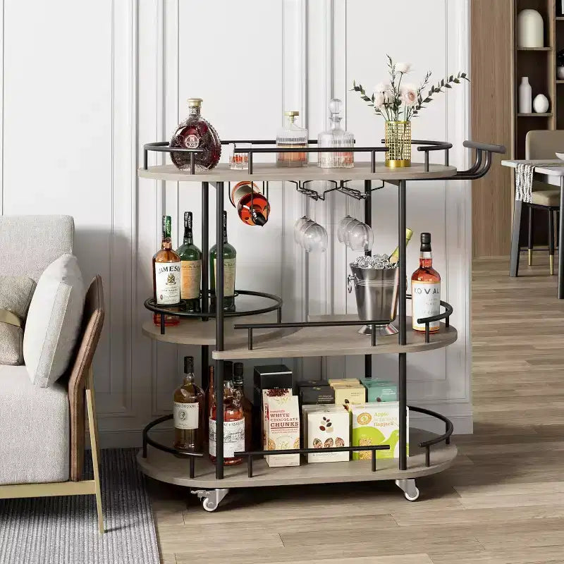 3-Tier Bar Cart on Wheels, Mobile Serving Cart with Wine Rack & Glass Holder, 360 Rotating Design, Lockable Noiseless Casters,34.2w x 15.7d x 37h