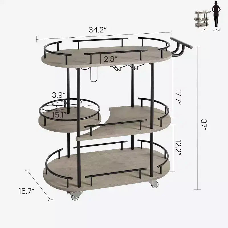 3-Tier Bar Cart on Wheels, Mobile Serving Cart with Wine Rack & Glass Holder, 360 Rotating Design, Lockable Noiseless Casters,34.2w x 15.7d x 37h