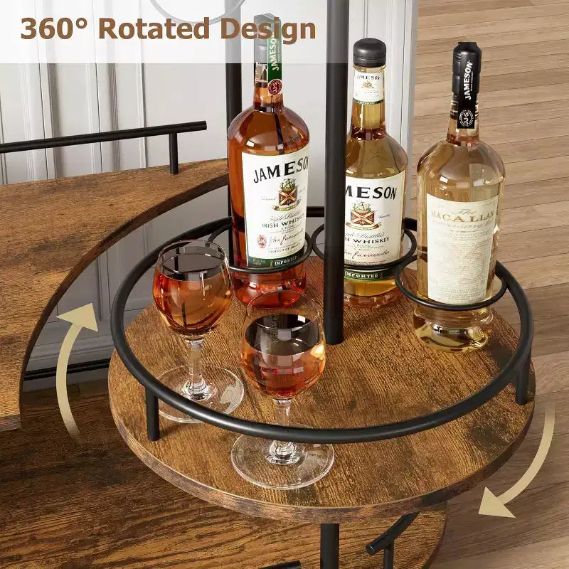 3-Tier Bar Cart on Wheels, Mobile Serving Cart with Wine Rack & Glass Holder, 360 Rotating Design, Lockable Noiseless Casters,34.2w x 15.7d x 37h