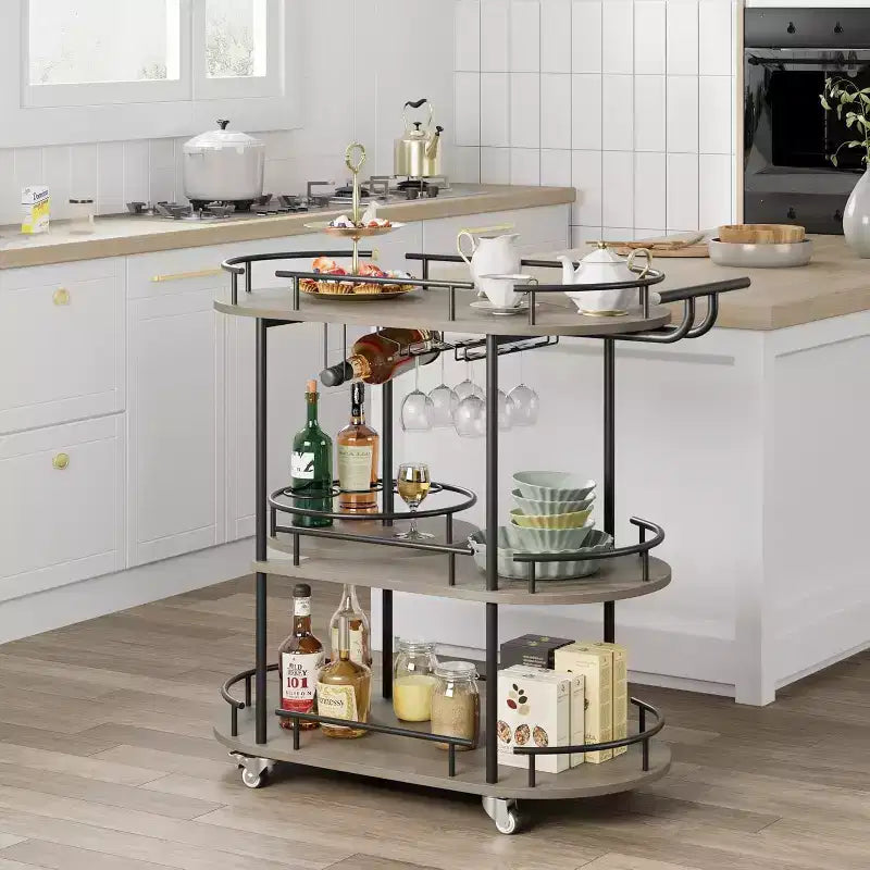 3-Tier Bar Cart on Wheels, Mobile Serving Cart with Wine Rack & Glass Holder, 360 Rotating Design, Lockable Noiseless Casters,34.2w x 15.7d x 37h
