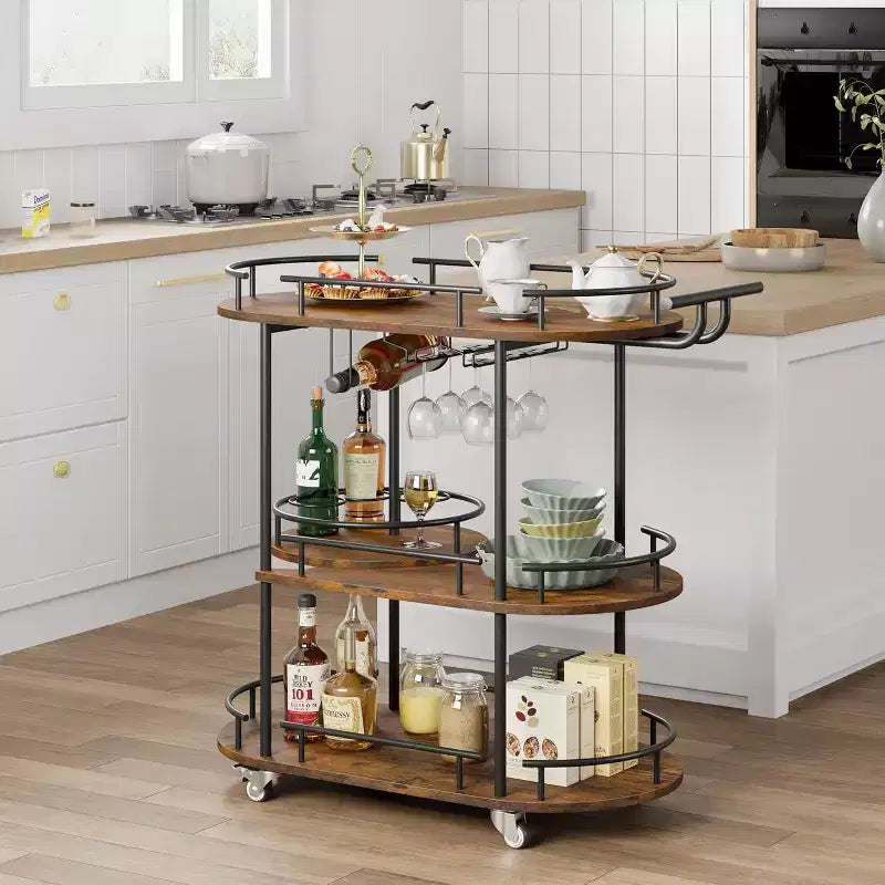 3-Tier Bar Cart on Wheels, Mobile Serving Cart with Wine Rack & Glass Holder, 360 Rotating Design, Lockable Noiseless Casters,34.2w x 15.7d x 37h
