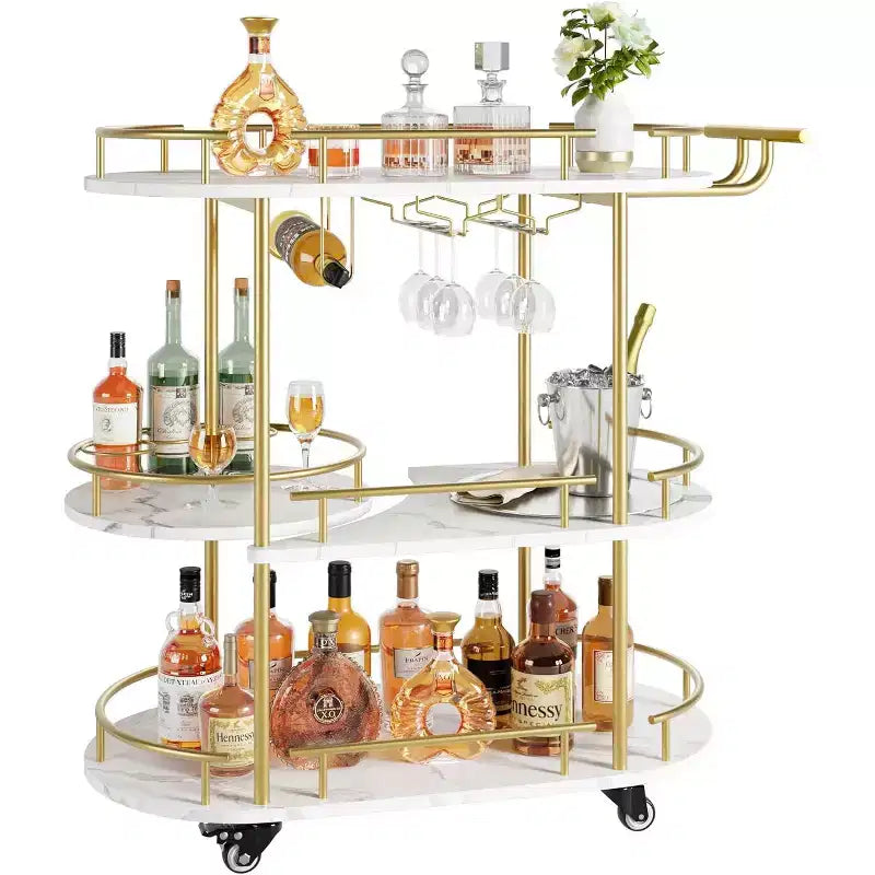 3-Tier Bar Cart on Wheels, Mobile Serving Cart with Wine Rack & Glass Holder, 360 Rotating Design, Lockable Noiseless Casters,34.2w x 15.7d x 37h
