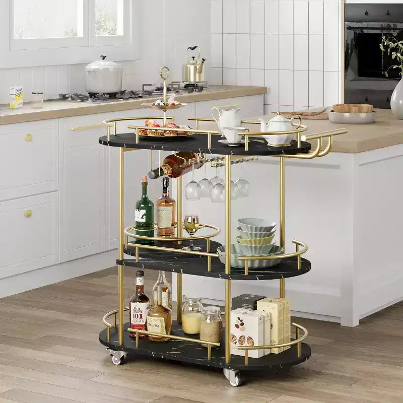 3-Tier Bar Cart on Wheels, Mobile Serving Cart with Wine Rack & Glass Holder, 360 Rotating Design, Lockable Noiseless Casters,34.2w x 15.7d x 37h