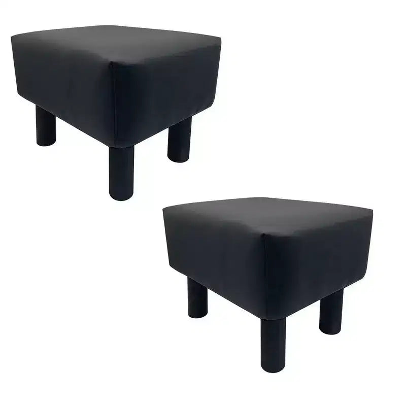 Footstool Ottoman Set of 2, Black Faux Leather, Soft Seat, Wood Legs