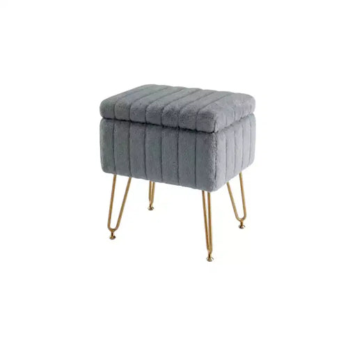 HomeRoots 16 Gray and Gold Faux Fur Storage Ottoman