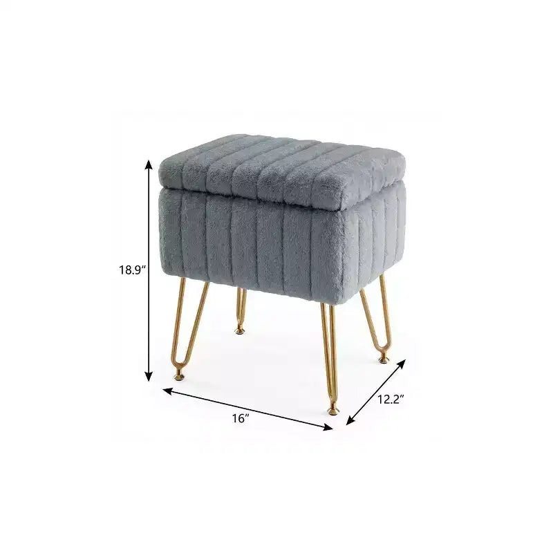 16 Gray and Gold Faux Fur Storage Ottoman