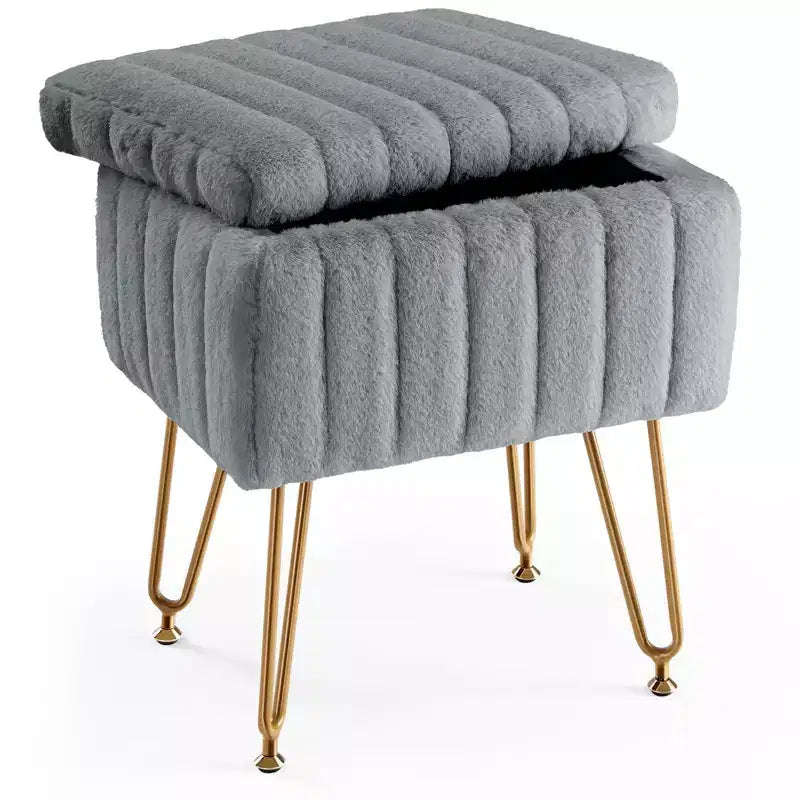 16 Gray and Gold Faux Fur Storage Ottoman