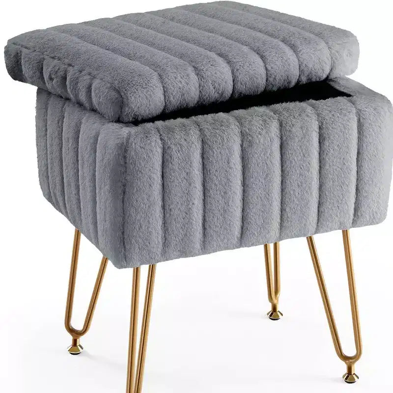 16 Gray and Gold Faux Fur Storage Ottoman