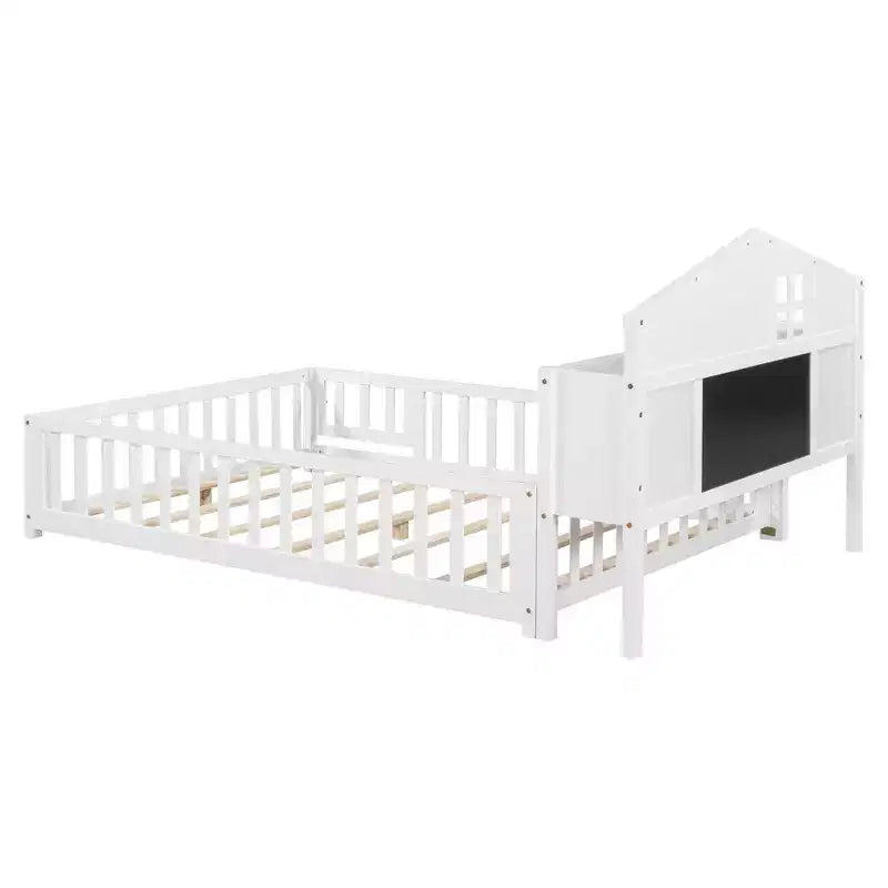 Full Size Montessori Floor Bed with Bookcases, Blackboards and Storage Headboard, White