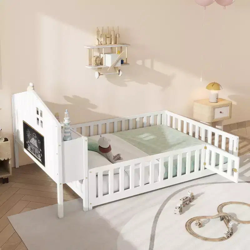 Full Size Montessori Floor Bed with Bookcases, Blackboards and Storage Headboard, White