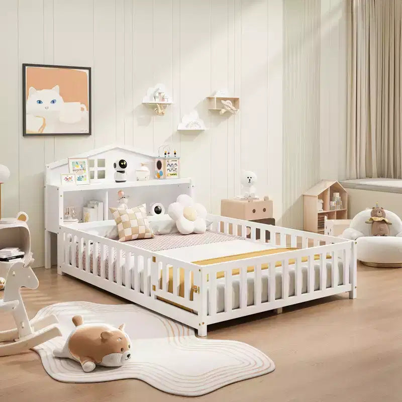 Full Size Montessori Floor Bed with Bookcases, Blackboards and Storage Headboard, White