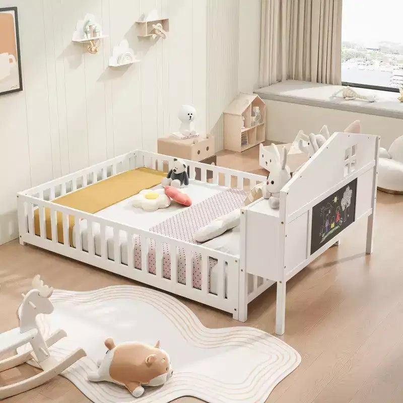 Full Size Montessori Floor Bed with Bookcases, Blackboards and Storage Headboard, White