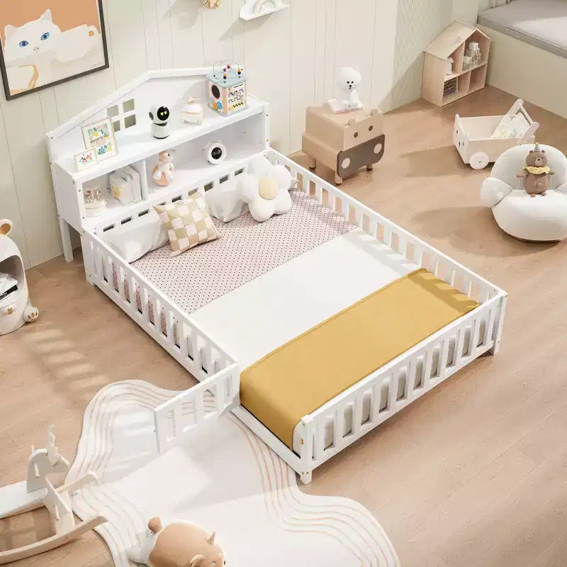 Full Size Montessori Floor Bed with Bookcases, Blackboards and Storage Headboard, White