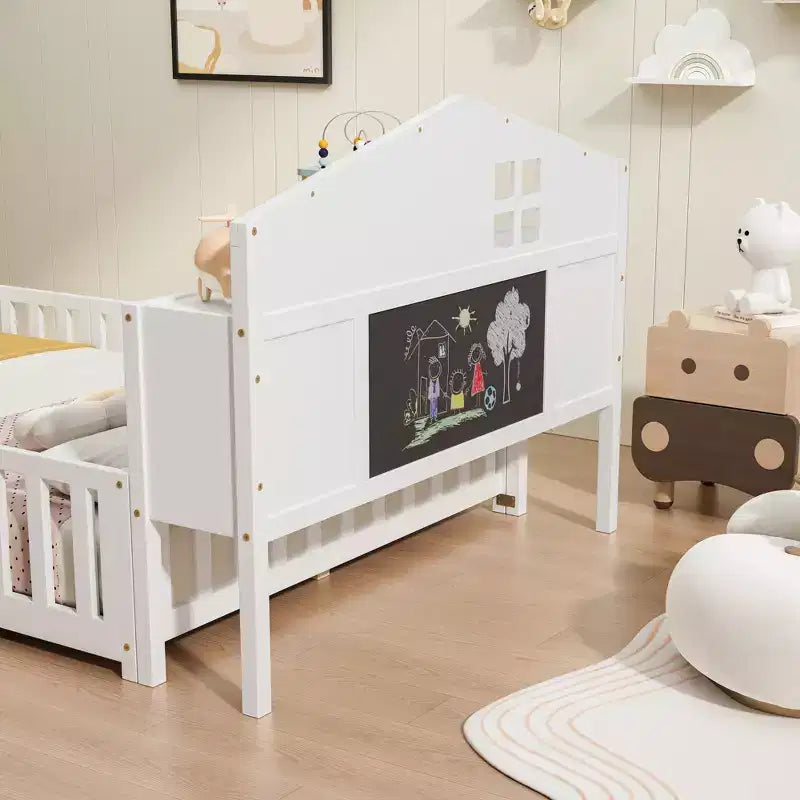 Full Size Montessori Floor Bed with Bookcases, Blackboards and Storage Headboard, White