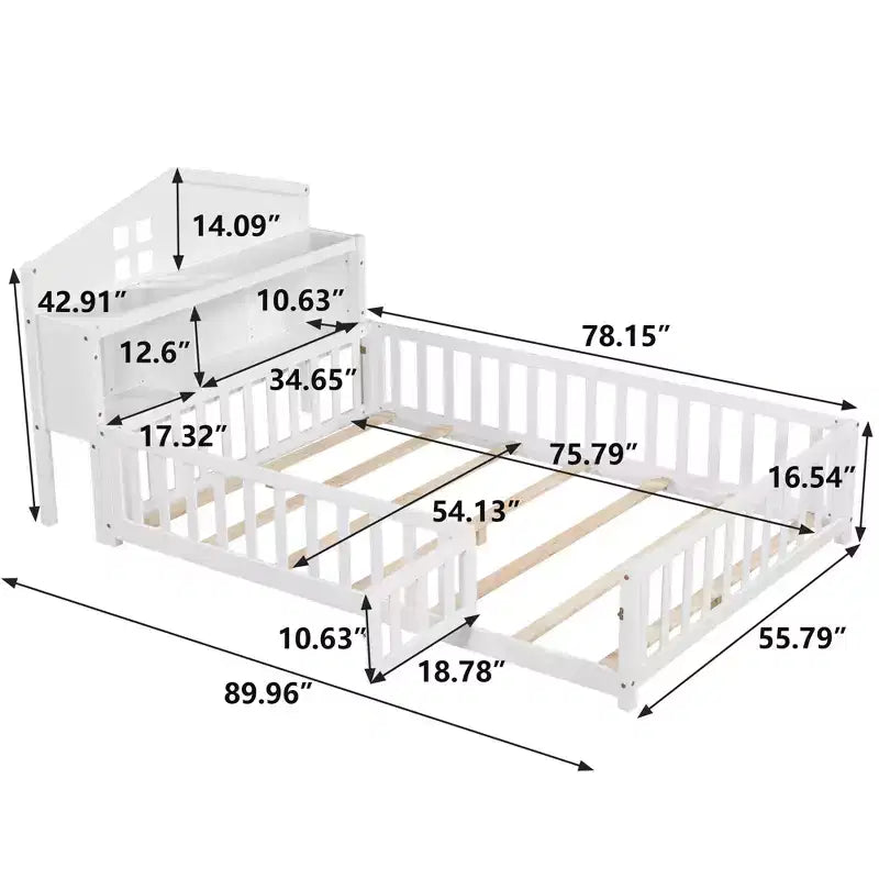 Full Size Montessori Floor Bed with Bookcases, Blackboards and Storage Headboard, White