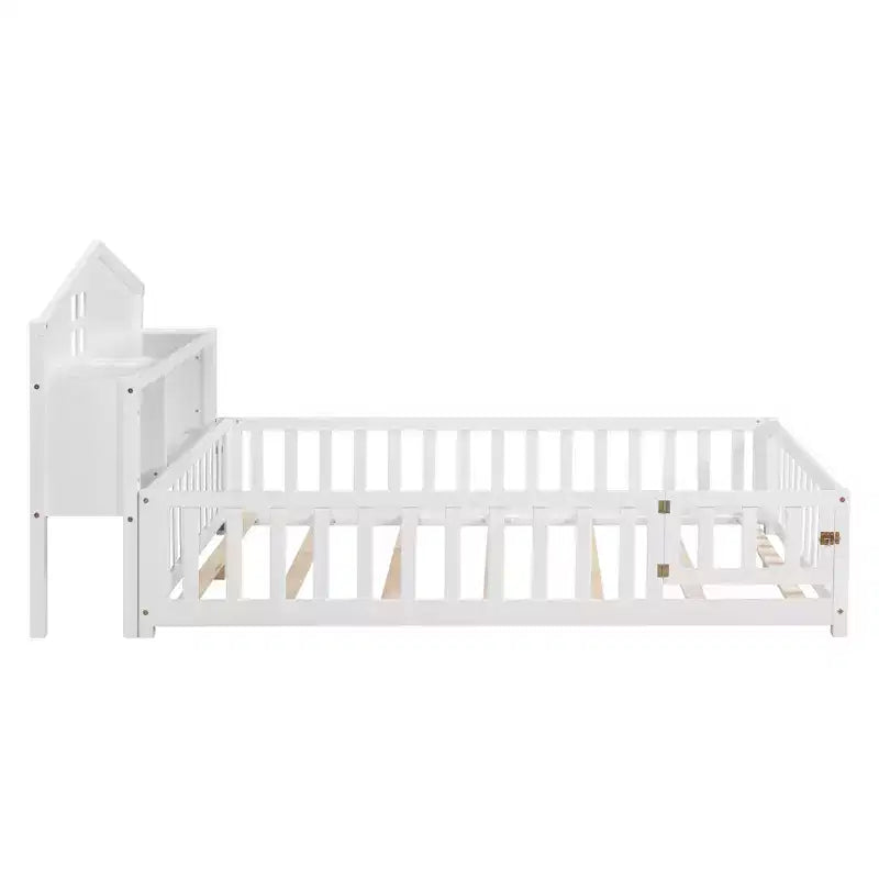 Full Size Montessori Floor Bed with Bookcases, Blackboards and Storage Headboard, White