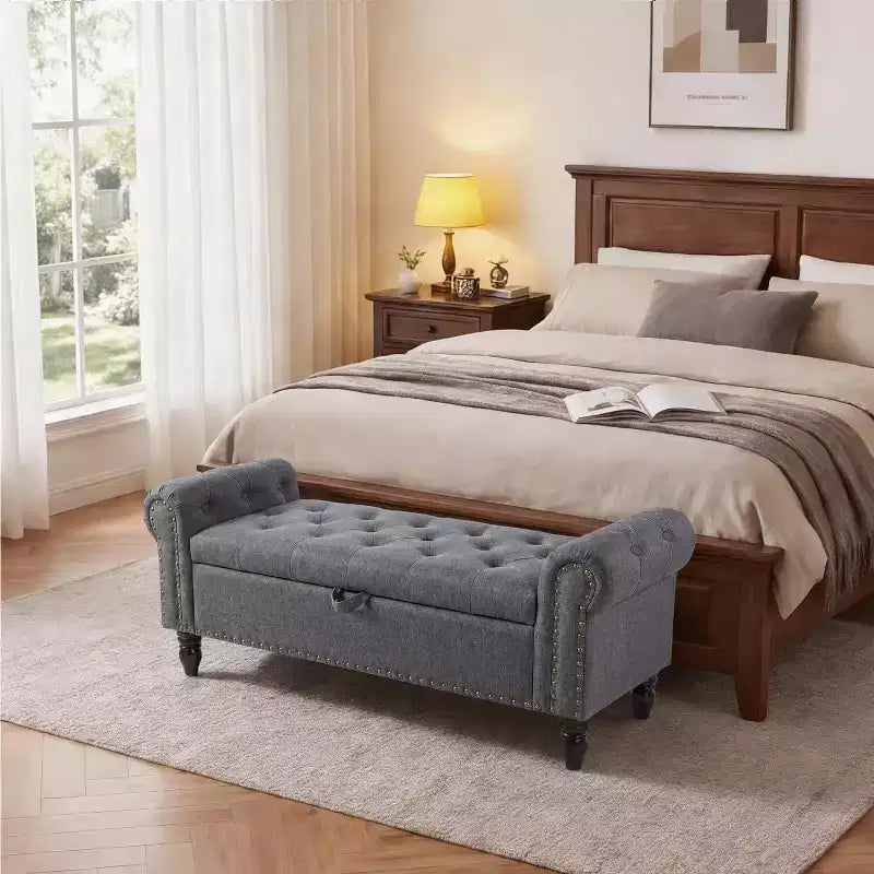 Panca Contenitore da 130 cm per Camera da Letto, Panca Ottomana Imbottita con Design a Bottoni Trapuntati e Braccioli Arrotondati, Panca da Ingresso con Cerniera di Sicurezza