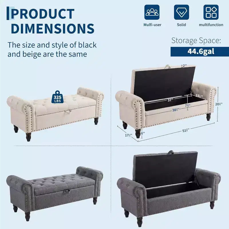 51in Bedroom Storage Bench for End of Bed, Upholstered Ottoman Bench with Button Tufted Design and Rolled Arms, Entryway Bench with Safety Hinge