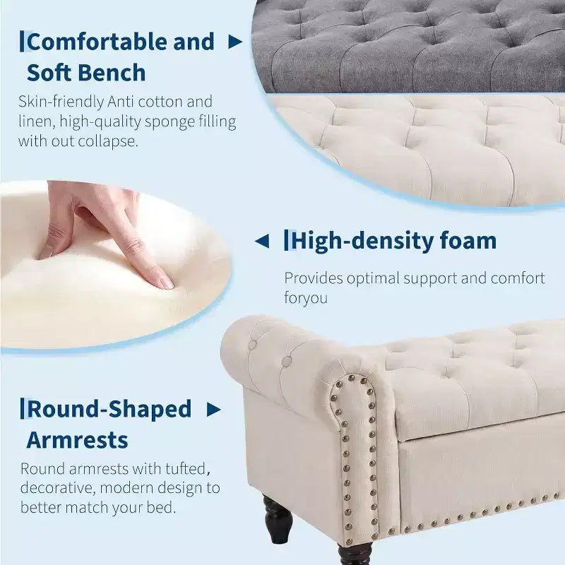 51in Bedroom Storage Bench for End of Bed, Upholstered Ottoman Bench with Button Tufted Design and Rolled Arms, Entryway Bench with Safety Hinge