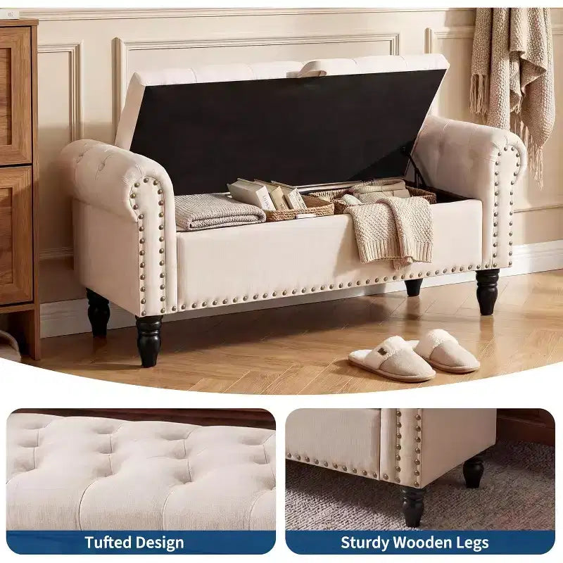Panca Contenitore da 130 cm per Camera da Letto, Panca Ottomana Imbottita con Design a Bottoni Trapuntati e Braccioli Arrotondati, Panca da Ingresso con Cerniera di Sicurezza