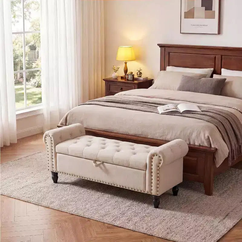 Panca Contenitore da 130 cm per Camera da Letto, Panca Ottomana Imbottita con Design a Bottoni Trapuntati e Braccioli Arrotondati, Panca da Ingresso con Cerniera di Sicurezza