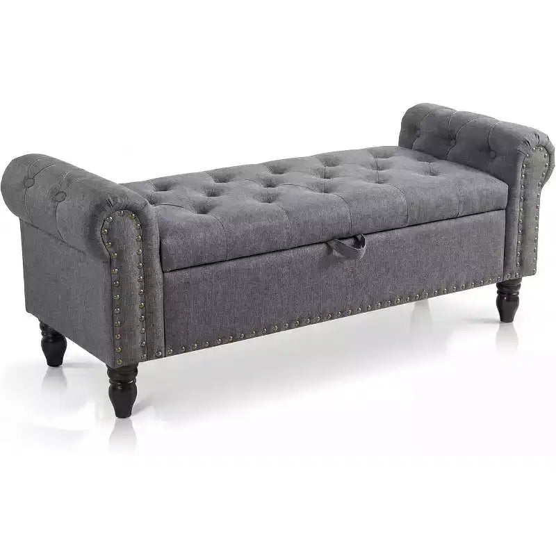 51in Bedroom Storage Bench for End of Bed, Upholstered Ottoman Bench with Button Tufted Design and Rolled Arms, Entryway Bench with Safety Hinge
