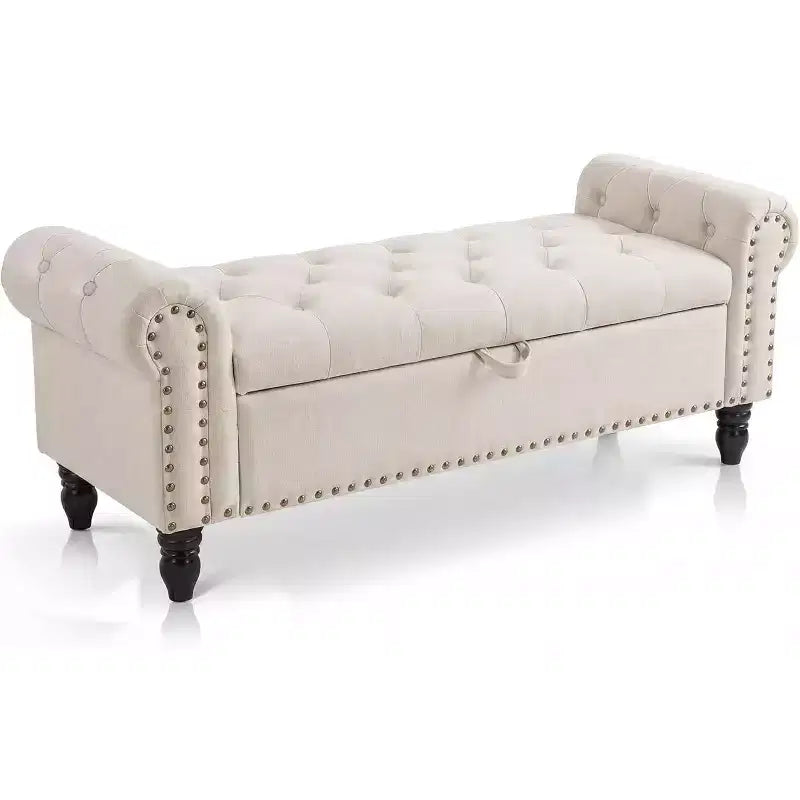 51in Bedroom Storage Bench for End of Bed, Upholstered Ottoman Bench with Button Tufted Design and Rolled Arms, Entryway Bench with Safety Hinge
