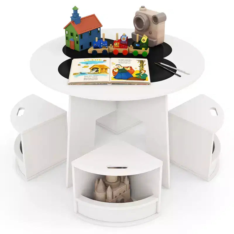 5-PC Kids Table & Chair Set w/Writable Blackboard&Storage Stools for Read White