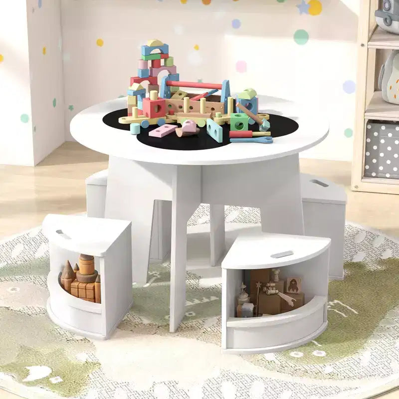 5-PC Kids Table & Chair Set w/Writable Blackboard&Storage Stools for Read White