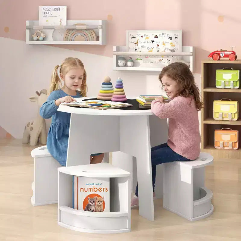 5-PC Kids Table & Chair Set w/Writable Blackboard&Storage Stools for Read White