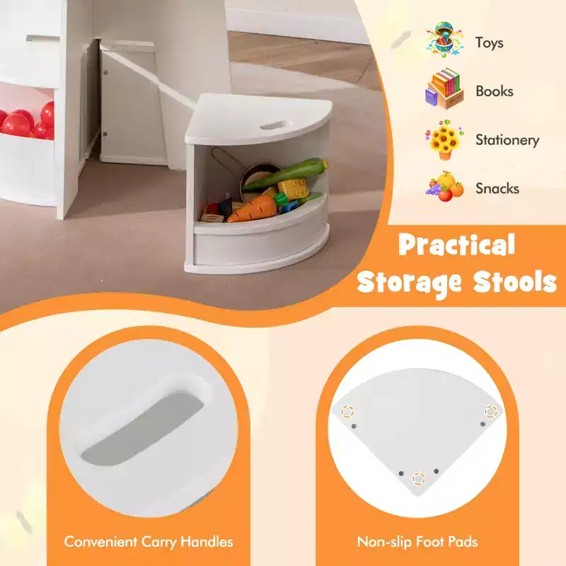 5-PC Kids Table & Chair Set w/Writable Blackboard&Storage Stools for Read White