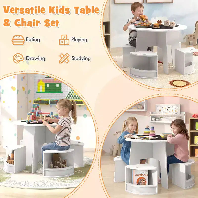 5-PC Kids Table & Chair Set w/Writable Blackboard&Storage Stools for Read White