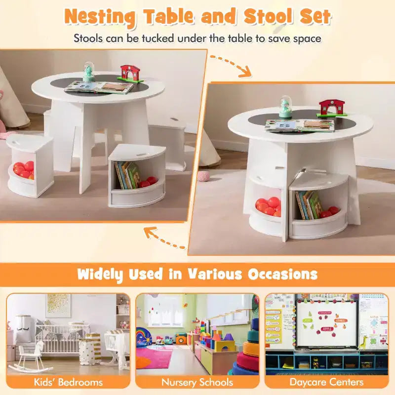 5-PC Kids Table & Chair Set w/Writable Blackboard&Storage Stools for Read White