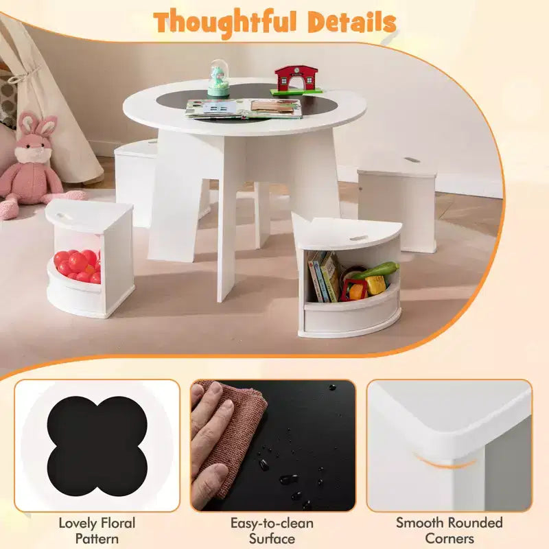 5-PC Kids Table & Chair Set w/Writable Blackboard&Storage Stools for Read White