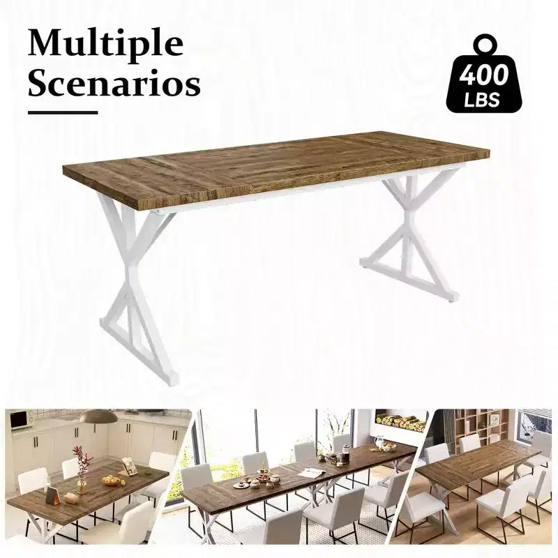 70.8 Farmhouse Dining Table for 6-8 People, Rustic Rectangular Solid Wood Kitchen Table with Metal X-Legs, Water-Resistant & Easy Assembly
