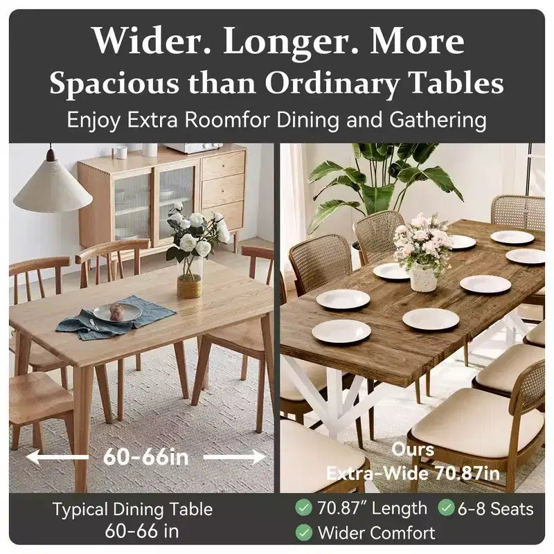 70.8 Farmhouse Dining Table for 6-8 People, Rustic Rectangular Solid Wood Kitchen Table with Metal X-Legs, Water-Resistant & Easy Assembly