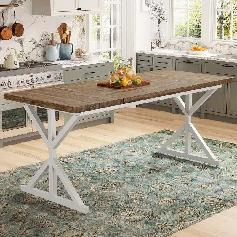 70.8 Farmhouse Dining Table for 6-8 People, Rustic Rectangular Solid Wood Kitchen Table with Metal X-Legs, Water-Resistant & Easy Assembly