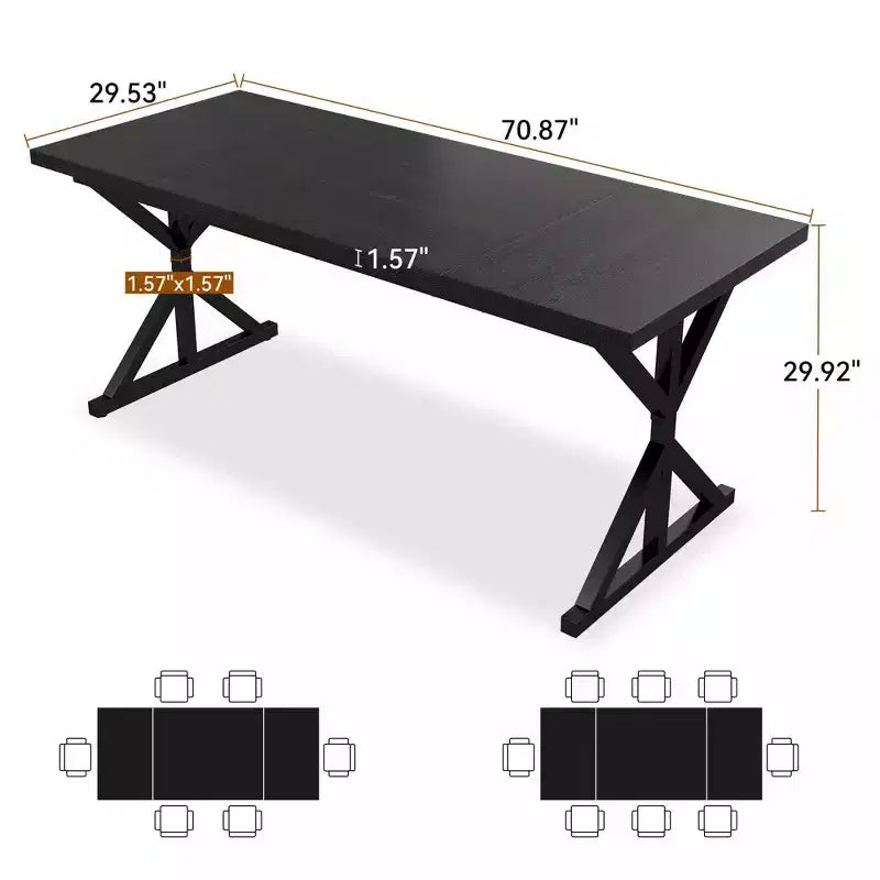 70.8 Farmhouse Dining Table for 6-8 People, Rustic Rectangular Solid Wood Kitchen Table with Metal X-Legs, Water-Resistant & Easy Assembly