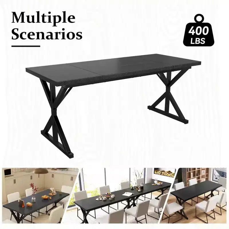 70.8 Farmhouse Dining Table for 6-8 People, Rustic Rectangular Solid Wood Kitchen Table with Metal X-Legs, Water-Resistant & Easy Assembly